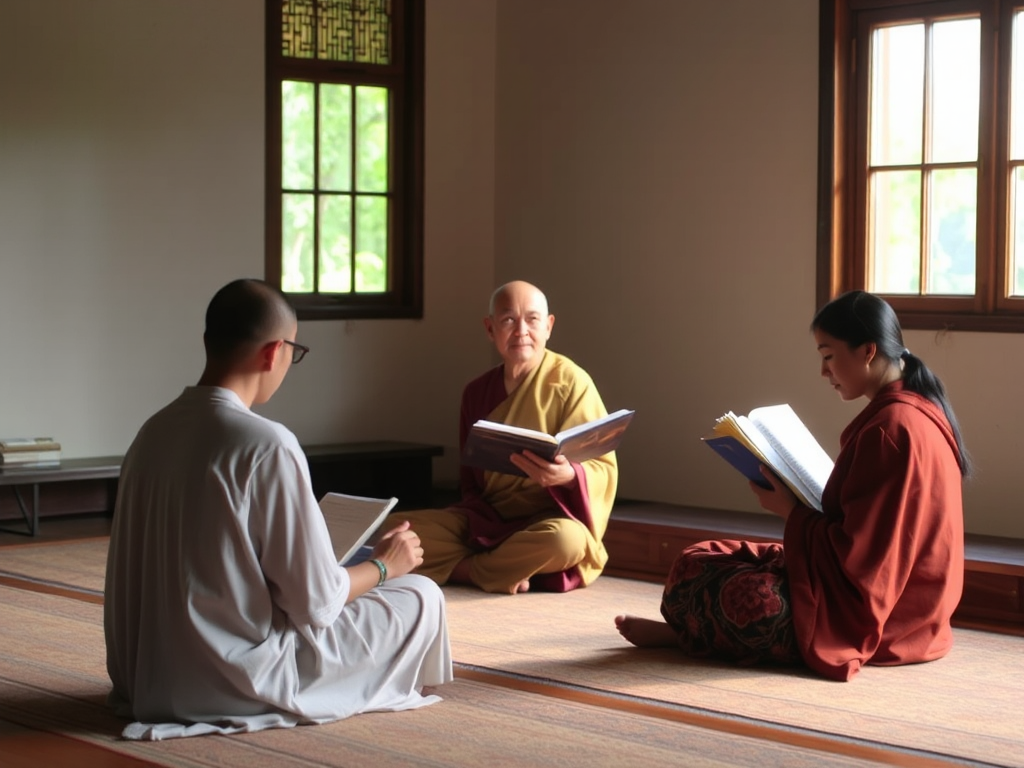 Ba người đang ngồi đọc kinh Phật trong phòng yên tĩnh với ánh sáng tự nhiên, không gian truyền thống Á Đông, tạo cảm giác thanh tịnh và tập trung