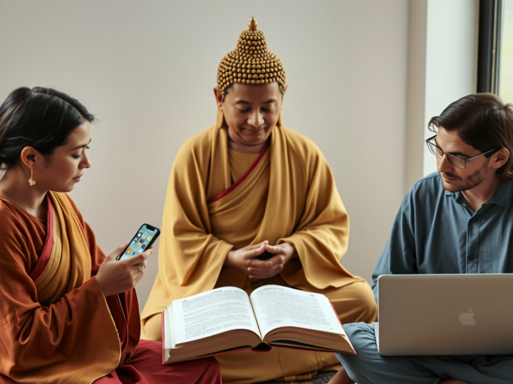 Ba người học kinh Phật theo ba phương pháp khác nhau - sử dụng ứng dụng di động, đọc sách trong chùa và học trực tuyến, minh họa so sánh cách tiếp cận học Phật giáo hiện đại Ba người học kinh Phật theo ba phương pháp khác nhau - sử dụng ứng dụng di động, đọc sách trong chùa và học trực tuyến, minh họa so sánh cách tiếp cận học Phật giáo hiện đại