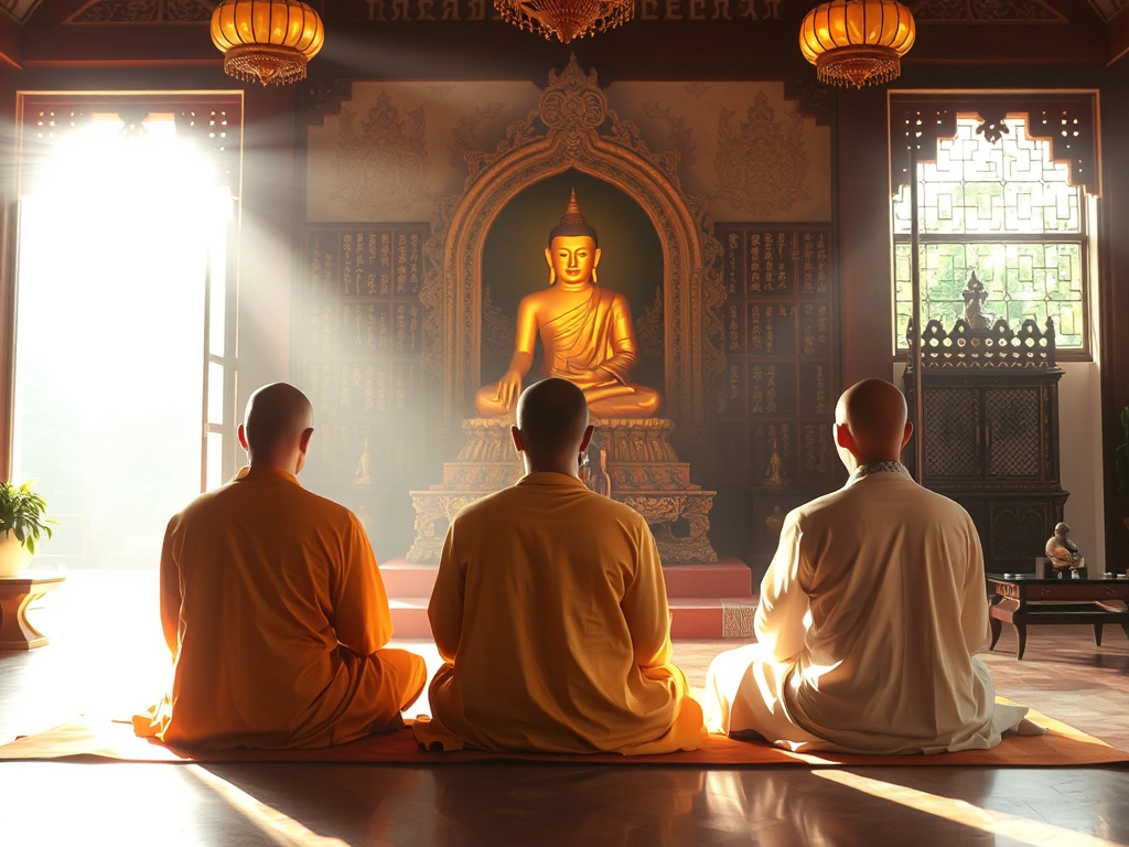 Ba người tu tập Phật giáo tại Bình Dương đang thiền định trong chùa cổ kính, ánh sáng vàng từ kinh Phật chiếu rọi, không gian thanh tịnh và trang nghiêm Ba người tu tập Phật giáo tại Bình Dương đang thiền định trong chùa cổ kính, ánh sáng vàng từ kinh Phật chiếu rọi, không gian thanh tịnh và trang nghiêm