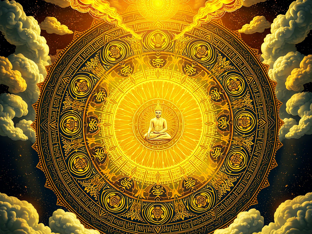 Bản đồ vũ trụ Phật giáo Kinh Hoa Nghiêm với mười cửa huyền môn, các mẫu hình học phức tạp, ánh sáng vàng rực rỡ, và các vị thần trong tư thế thiền định trên nền mây trời huyền ảo