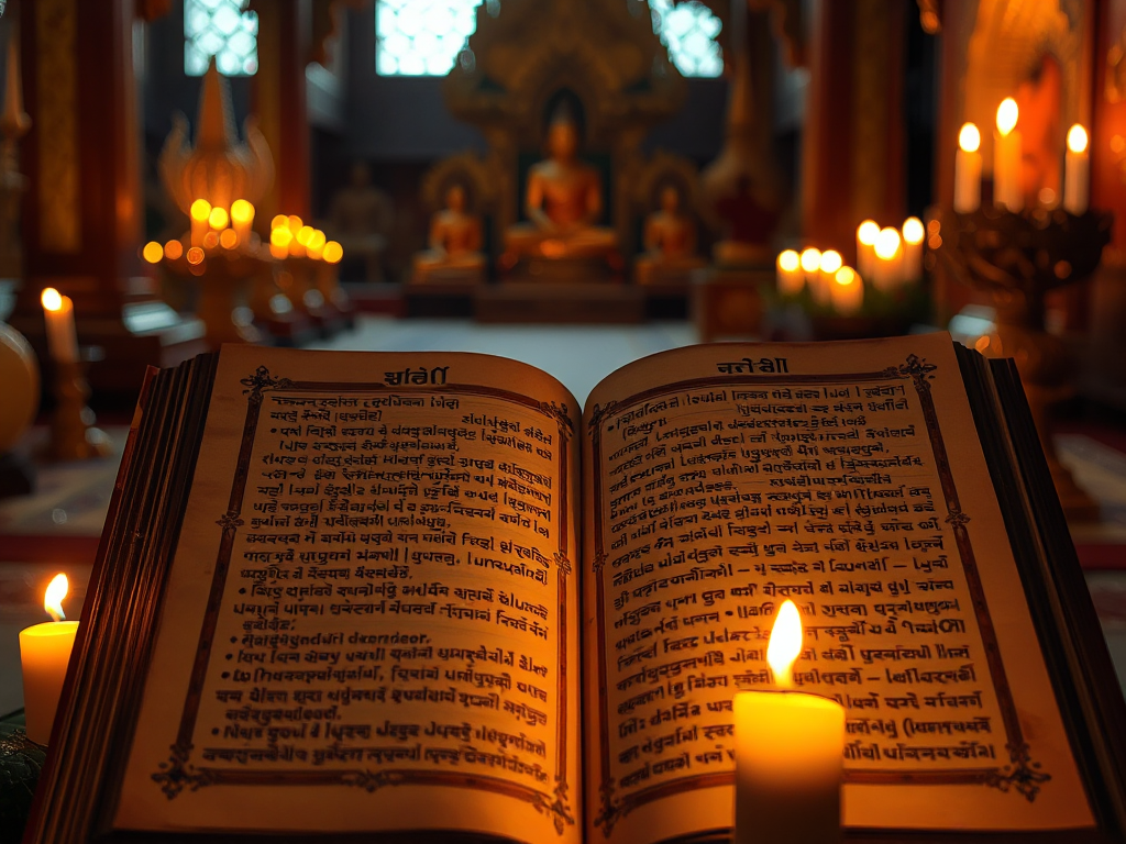 Bản thảo kinh Phật cổ xưa với chữ Pali tinh xảo dưới ánh nến vàng, không gian thanh tịnh trong chùa truyền thống Thái Lan, tôn vinh Kinh Tiểu Bộ