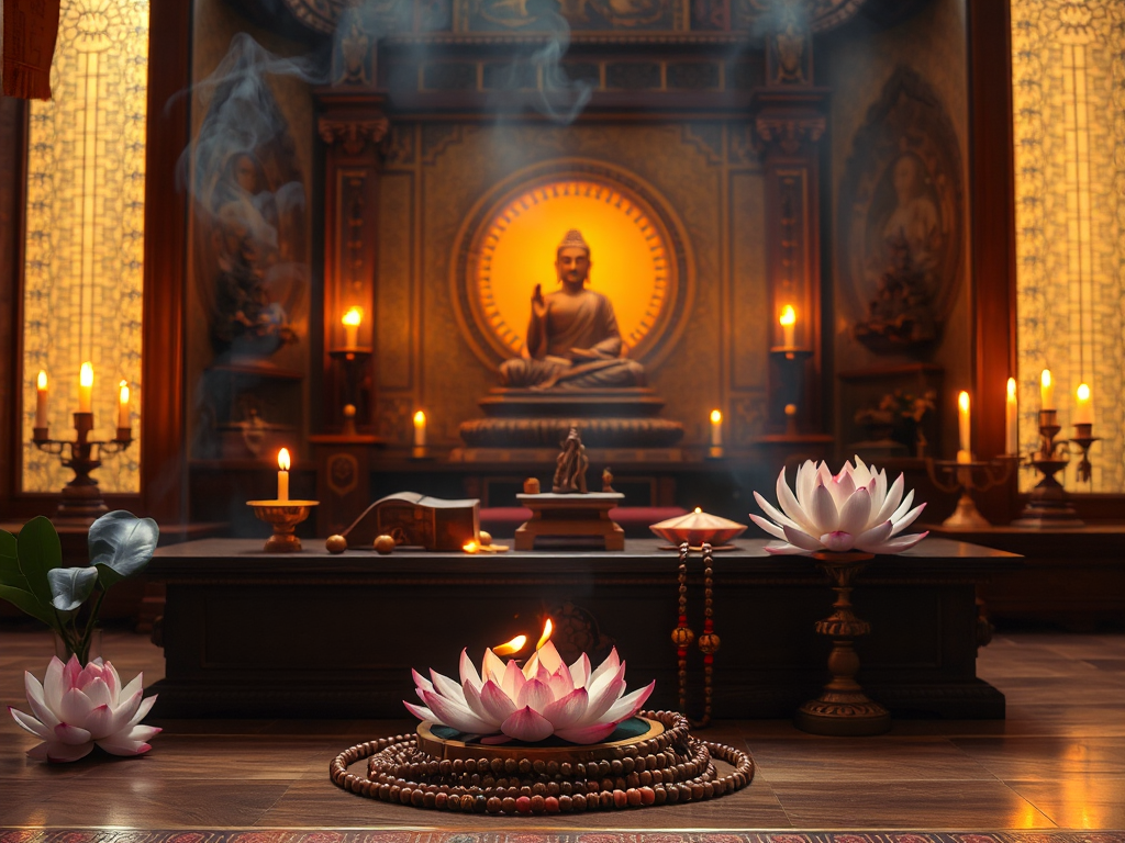 Bàn thờ Phật giáo thanh tịnh với hương trầm đang cháy, hoa sen và tràng hạt cầu nguyện, ánh sáng vàng dịu tỏa ra từ không gian thiêng liêng, trang trí Phật giáo Việt Nam truyền thống