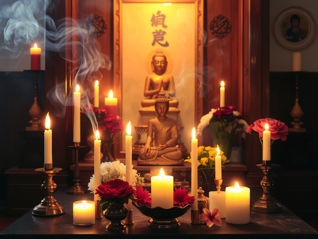 Bàn thờ Phật giáo thanh tịnh với nến sáng, hoa tươi và tượng Phật nhỏ, khói hương bay nhẹ trong không gian chùa tĩnh lặng.