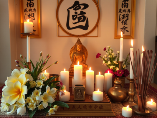 Bàn thờ Phật giáo trang trí với nến thắp sáng, hoa tươi và hương thơm, tạo không gian yên bình cho việc cầu siêu cho thai nhi và xoa dịu nỗi đau mất mát