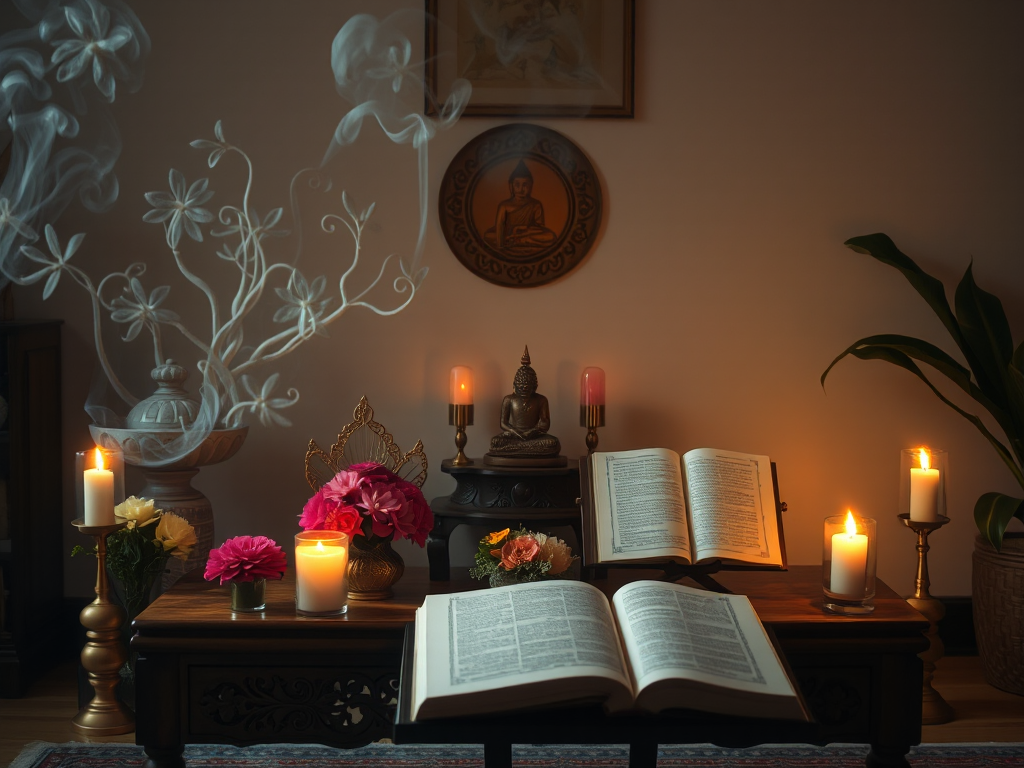 Bàn thờ Phật tại nhà với hương nghi ngút, nến sáng lung linh, hoa tươi và kinh sách mở trên giá, không gian thiền định ấm cúng, thanh tịnh