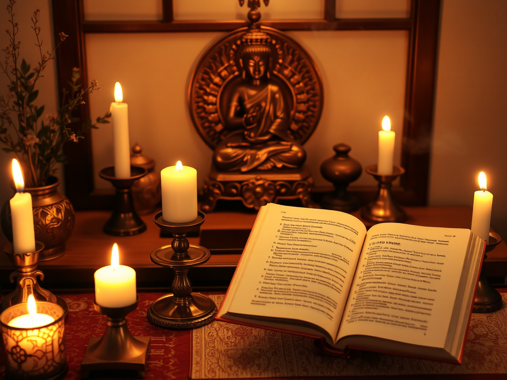 Bàn thờ Phật tại nhà với nến sáng, hương nghi ngút và kinh sách mở, tạo không gian thanh tịnh cho nghi thức tụng Kinh Phổ Môn cầu bình an cho gia đình