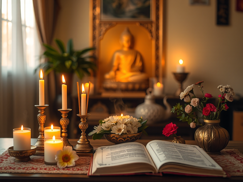 Bàn thờ Phật trang trọng với nến thắp sáng, hương thơm nghi ngút, hoa tươi và kinh sách mở, tạo không gian thanh tịnh cho việc tụng kinh đúng cách tại nhà