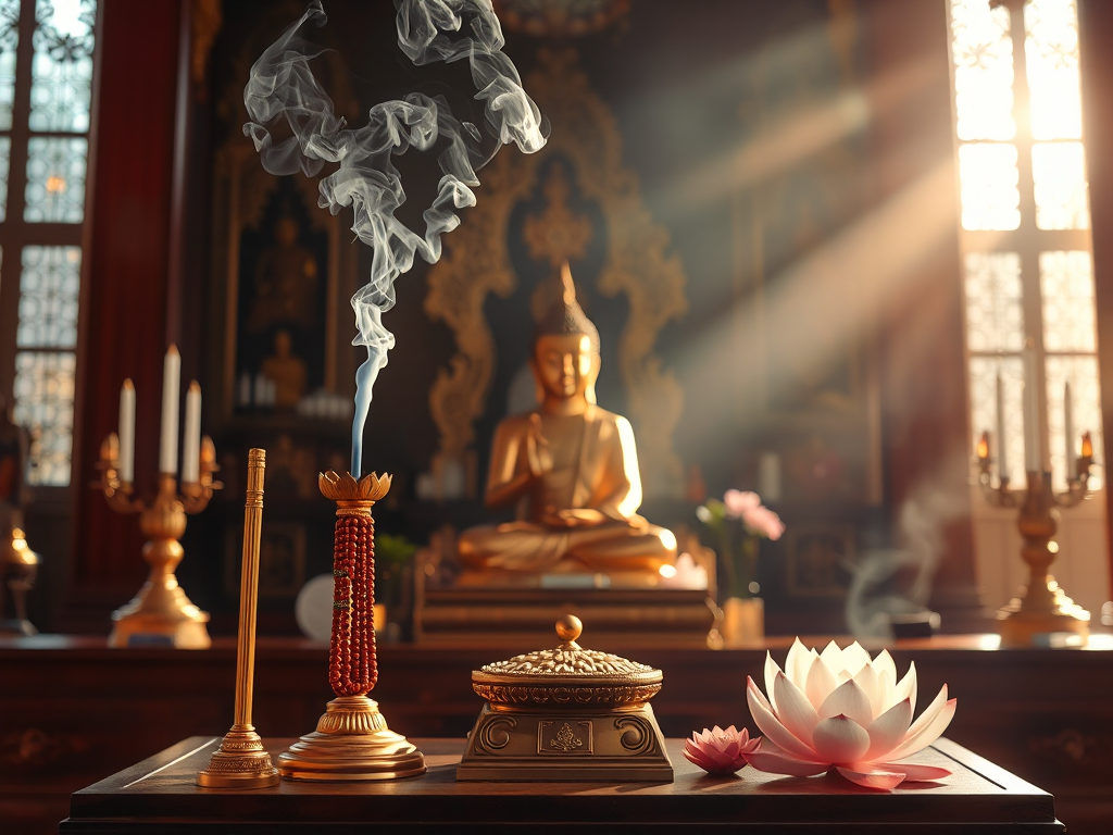 Bàn thờ Phật trong chùa Việt Nam với hương khói nghi ngút, tượng Phật vàng và hoa sen, ánh sáng buổi sáng nhẹ nhàng chiếu qua cửa sổ chùa cổ kính
