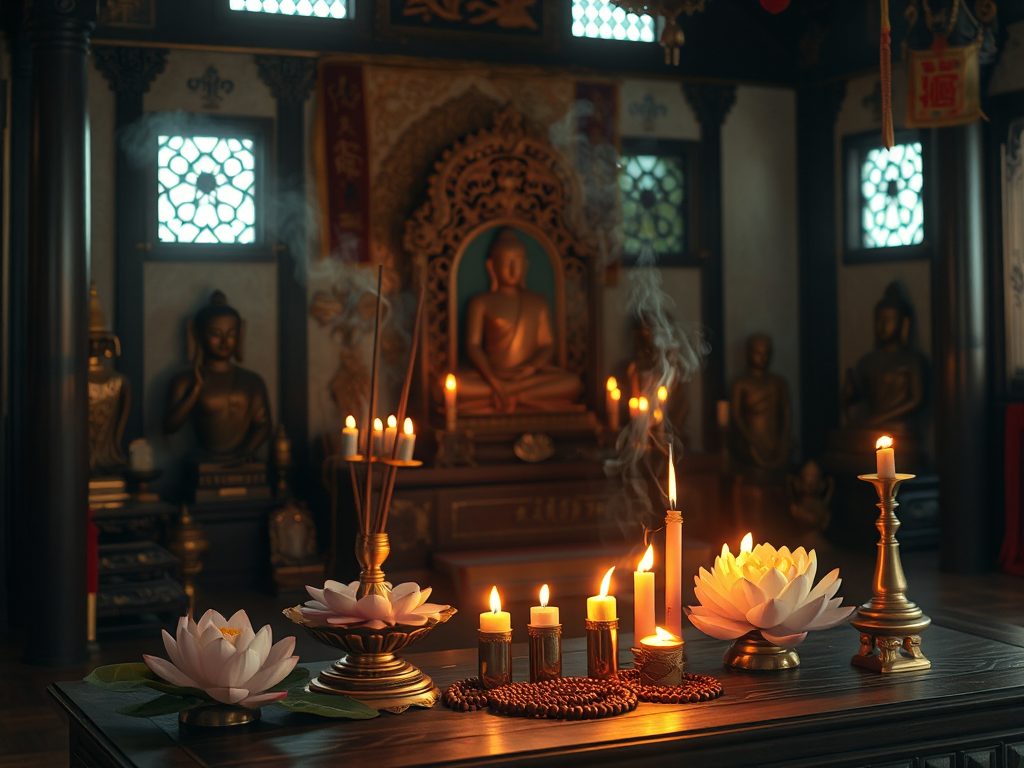Bàn thờ Phật với hương đang cháy, hoa sen và chuỗi tràng hạt, ánh sáng vàng dịu nhẹ trong không gian chùa Việt Nam truyền thống, tạo cảm giác thanh tịnh và linh thiêng