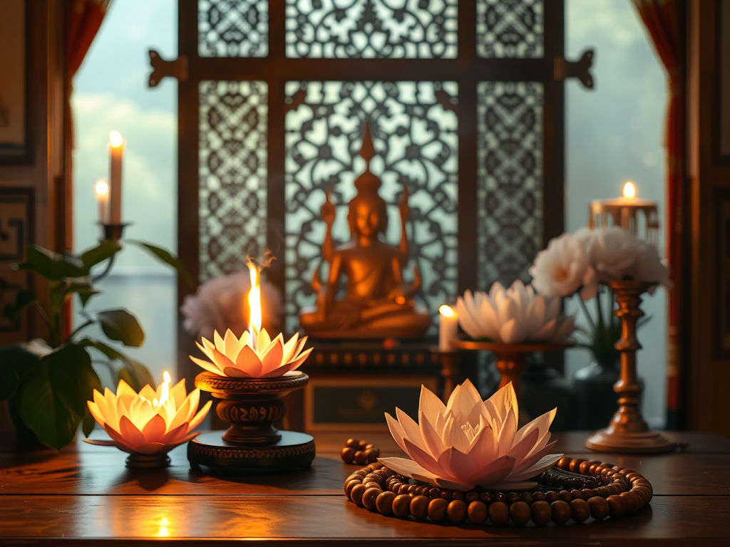 Bàn thờ Phật với hương đèn, hoa sen và chuỗi tràng hạt trong ánh sáng vàng dịu, không gian tâm linh thanh tịnh tại gia đình Việt Nam