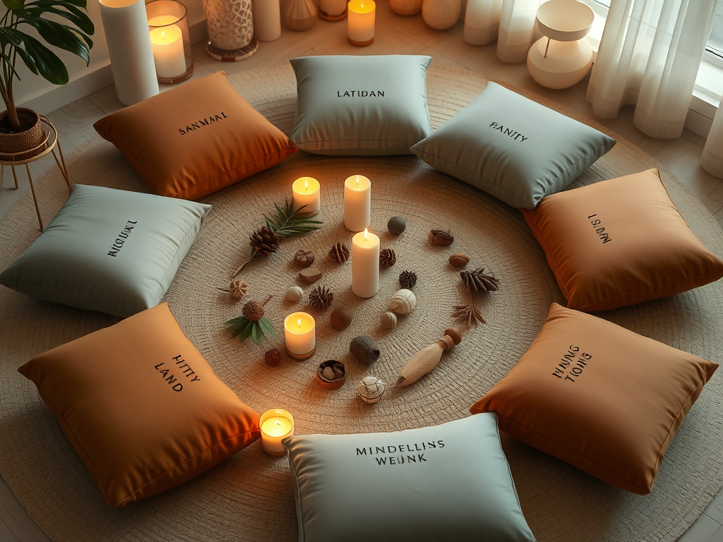 Bảy ngày thực hành công đức với các đệm thiền, nến và yếu tố thiên nhiên được sắp xếp theo lịch trình tuần, ánh sáng vàng dịu nhẹ tạo không gian thanh tịnh