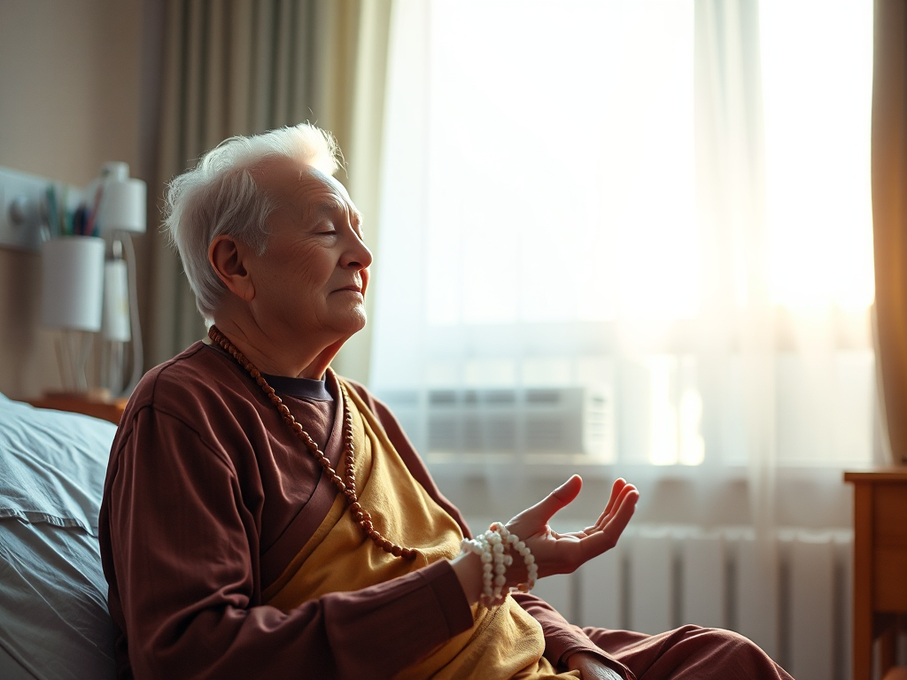 Bệnh nhân ung thư cao tuổi ngồi thiền trong phòng bệnh viện, ánh sáng tự nhiên dịu nhẹ chiếu qua cửa sổ, tay cầm tràng hạt Phật giáo, không khí thanh tịnh và an lạc