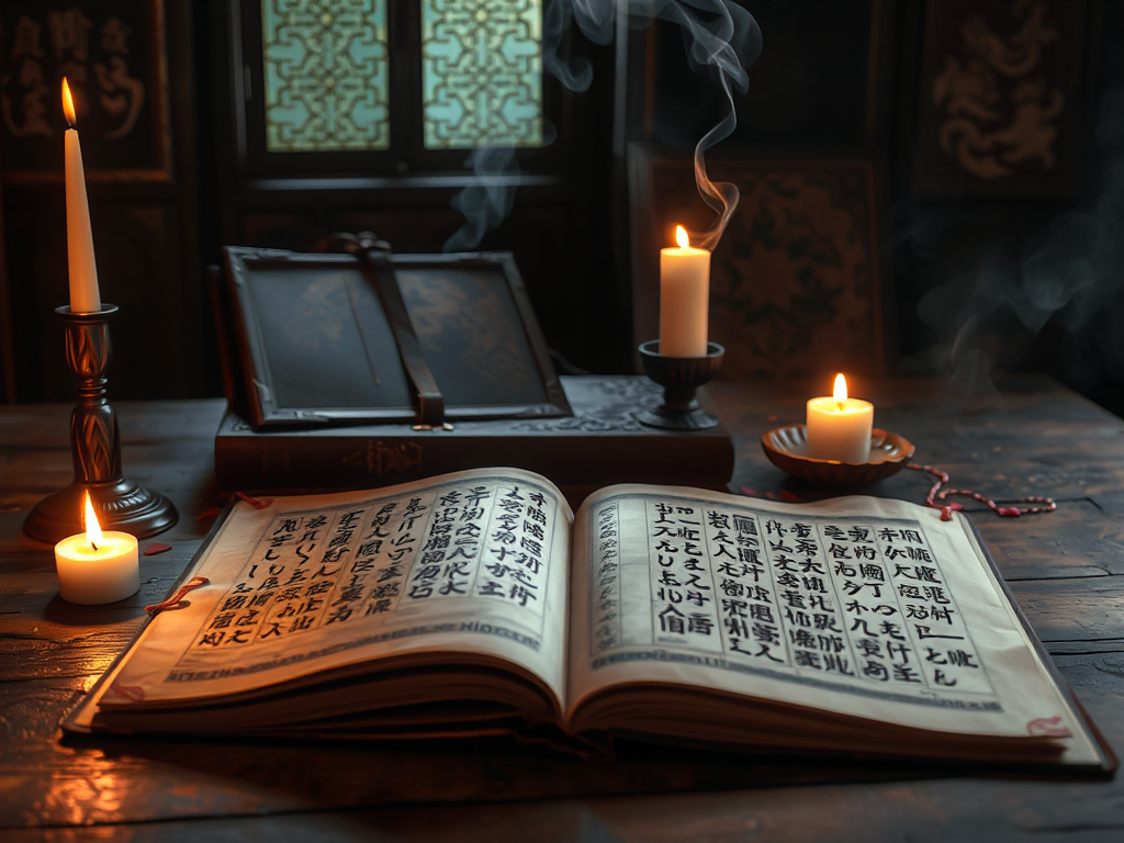 Bộ sách cổ và giấy viết thư pháp truyền thống Việt Nam trên bàn gỗ, ánh nến lung linh tạo không gian huyền ảo, tượng trưng cho giá trị trường tồn của Kinh Hiền Ngu Bộ sách cổ và giấy viết thư pháp truyền thống Việt Nam trên bàn gỗ, ánh nến lung linh tạo không gian huyền ảo, tượng trưng cho giá trị trường tồn của Kinh Hiền Ngu