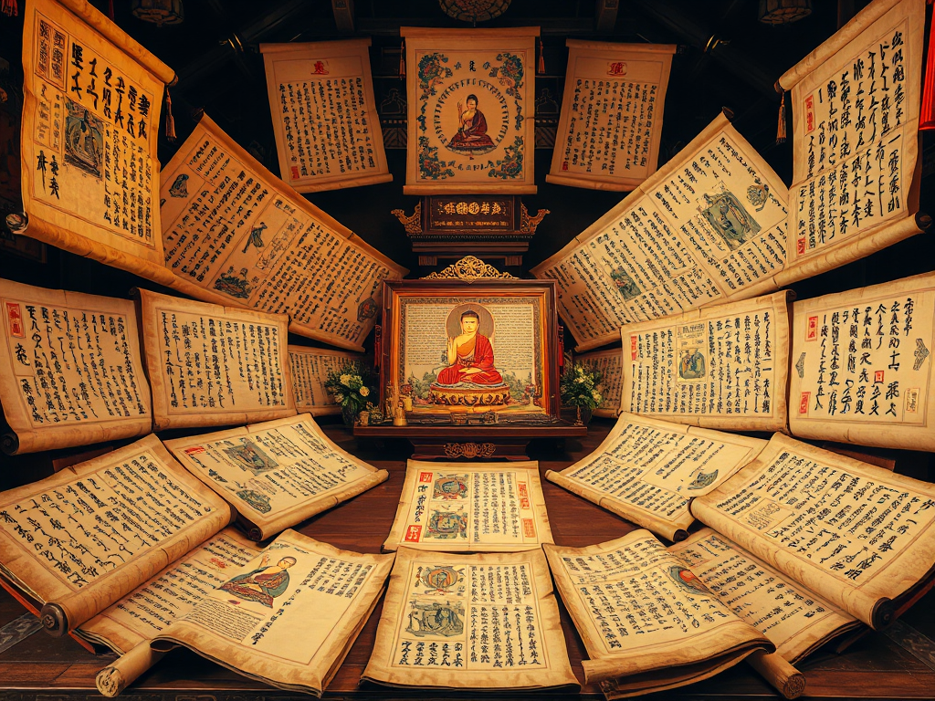 Bộ sưu tập kinh điển Phật giáo cổ xưa được sắp xếp theo hình tròn, ánh sáng vàng ấm áp, trong không gian chùa truyền thống với các bản thảo và chữ viết tay chi tiết Bộ sưu tập kinh điển Phật giáo cổ xưa được sắp xếp theo hình tròn, ánh sáng vàng ấm áp, trong không gian chùa truyền thống với các bản thảo và chữ viết tay chi tiết