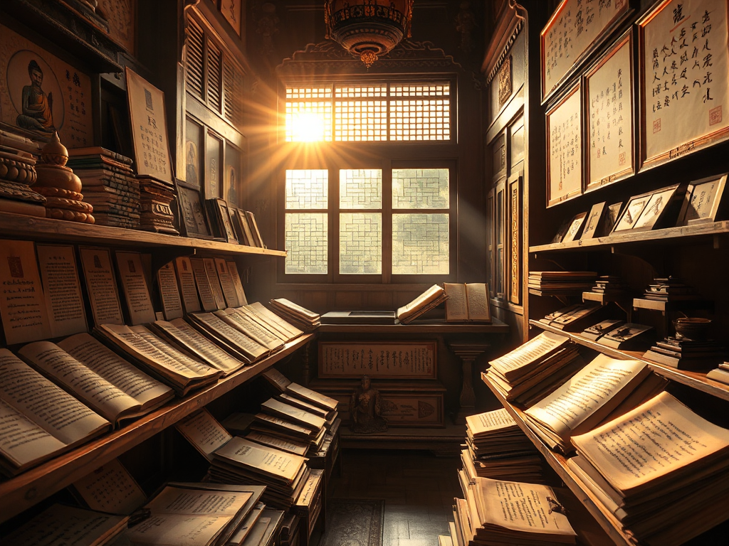 Bộ sưu tập kinh điển Phật giáo cổ xưa được trưng bày trên kệ gỗ trong chùa, ánh sáng vàng dịu nhẹ chiếu qua cửa sổ kiến trúc Á Đông truyền thống