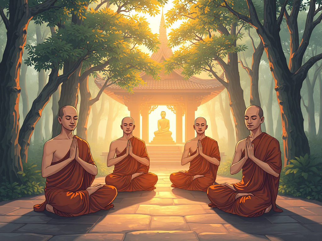 Bốn vị tăng đang thực hành thiền định trong tư thế ngồi, thiền hành, nằm và đứng tại chùa rừng thanh tịnh, ánh sáng vàng dịu nhẹ xuyên qua tán lá