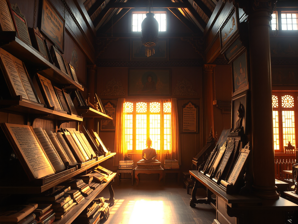 Các bản kinh điển nguyên thủy được trưng bày trên kệ gỗ trong chùa cổ, ánh sáng vàng dịu nhẹ từ cửa sổ tạo không gian thanh tịnh trang nghiêm.