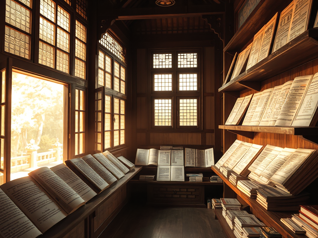 Các bản kinh Phật cổ xưa được sắp xếp trên kệ gỗ trong thiền đường yên tĩnh, ánh sáng vàng dịu chiếu qua cửa sổ, kiến trúc truyền thống Á Đông
