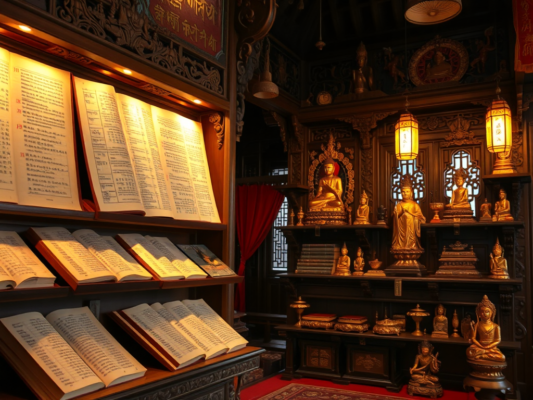 Các bản kinh Phật giáo cổ xưa và tượng Phật bằng vàng được trưng bày trên kệ gỗ chạm khắc tinh xảo trong không gian chùa chiền truyền thống với ánh sáng vàng dịu nhẹ và rèm lụa đỏ