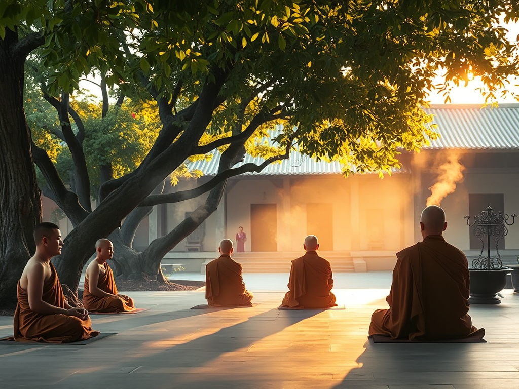 Các nhà sư đang thiền định trong khuôn viên chùa truyền thống, ánh sáng vàng dịu nhẹ xuyên qua tán cây cổ thụ, khói hương bay nghi ngút tạo không gian thanh tịnh Các nhà sư đang thiền định trong khuôn viên chùa truyền thống, ánh sáng vàng dịu nhẹ xuyên qua tán cây cổ thụ, khói hương bay nghi ngút tạo không gian thanh tịnh