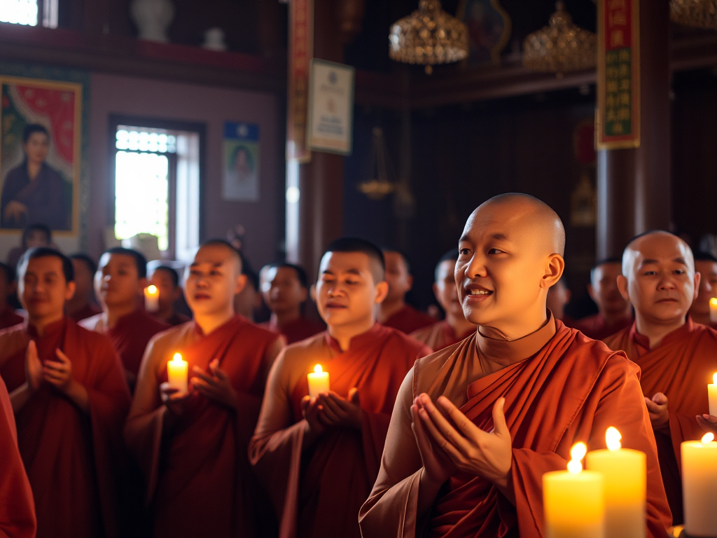 Các nhà sư đang tụng kinh cầu siêu cho thai nhi trong chùa tại Bình Dương, ánh nến dịu nhẹ tạo không gian linh thiêng, thể hiện lòng từ bi của Phật giáo