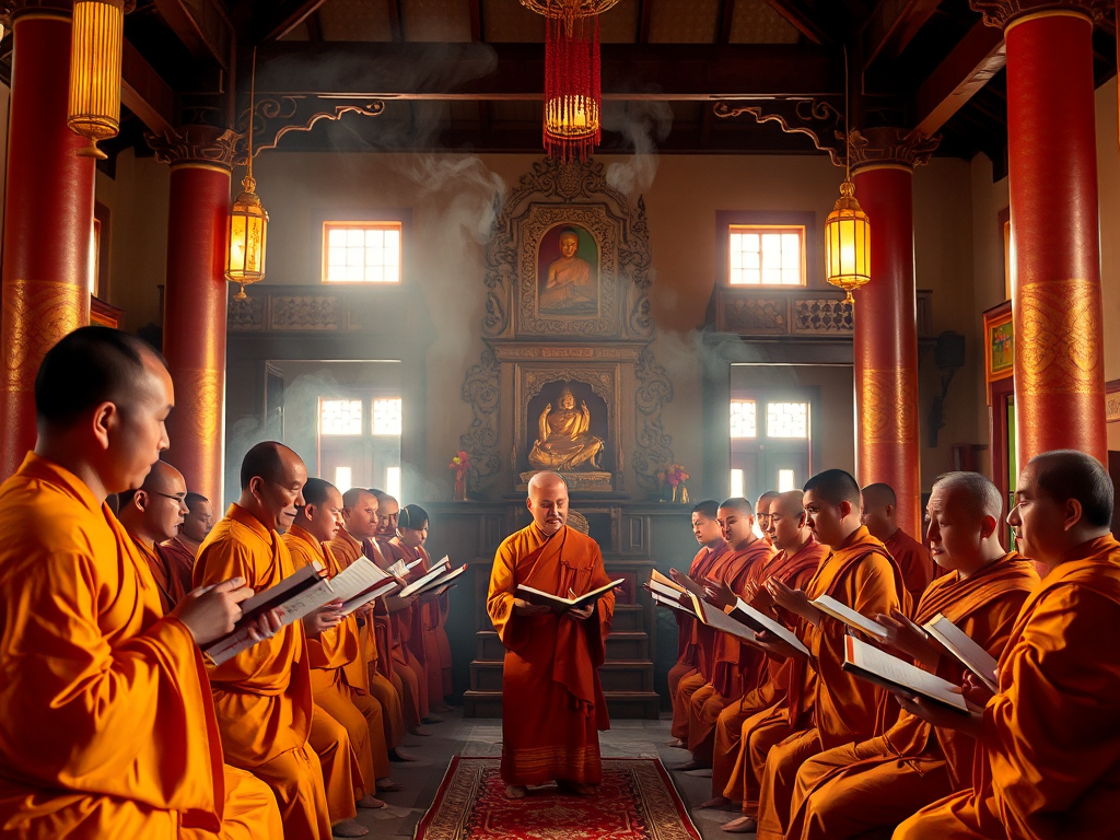 Các nhà sư mặc áo cà sa đang tụng kinh tại chùa ở Bình Dương, ánh sáng vàng dịu nhẹ, khói hương bay lượn trong không gian chùa thanh tịnh, kiến trúc Phật giáo Việt Nam truyền thống