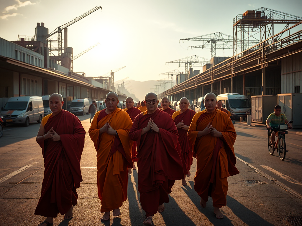 Các nhà sư mặc áo cà sa đi bộ qua khu công nghiệp Bình Dương trong ánh sáng buổi sáng, thể hiện sự tĩnh lặng giữa nhịp sống kinh tế sôi động Các nhà sư mặc áo cà sa đi bộ qua khu công nghiệp Bình Dương trong ánh sáng buổi sáng, thể hiện sự tĩnh lặng giữa nhịp sống kinh tế sôi động