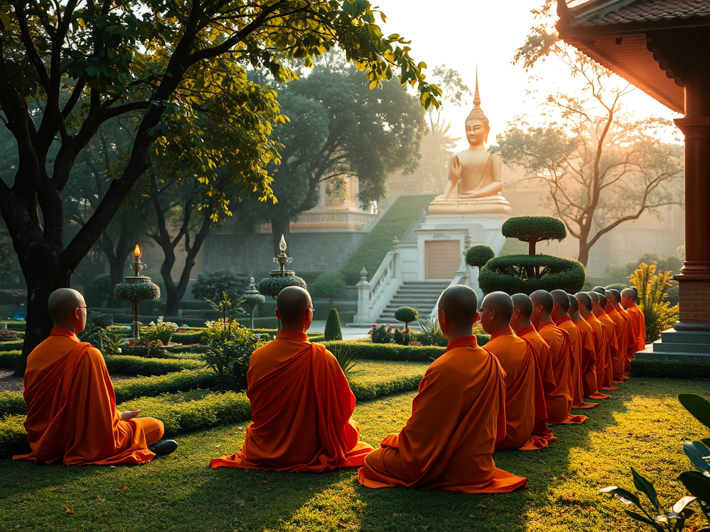 Các nhà sư mặc áo cà sa màu cam đang thiền định trong khuôn viên chùa thanh tịnh, tượng Phật vàng ở phía sau, ánh sáng dịu nhẹ buổi sáng tại Bình Dương, Việt Nam
