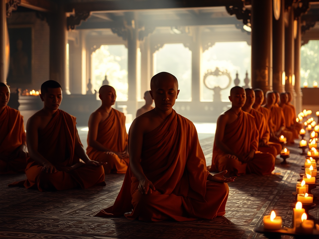 Các nhà sư mặc áo cà sa ngồi thiền trong chùa cổ, ánh đèn dầu lung linh tạo không gian thanh tịnh, kiến trúc Á Đông truyền thống, không khí tâm linh an lạc Các nhà sư mặc áo cà sa ngồi thiền trong chùa cổ, ánh đèn dầu lung linh tạo không gian thanh tịnh, kiến trúc Á Đông truyền thống, không khí tâm linh an lạc