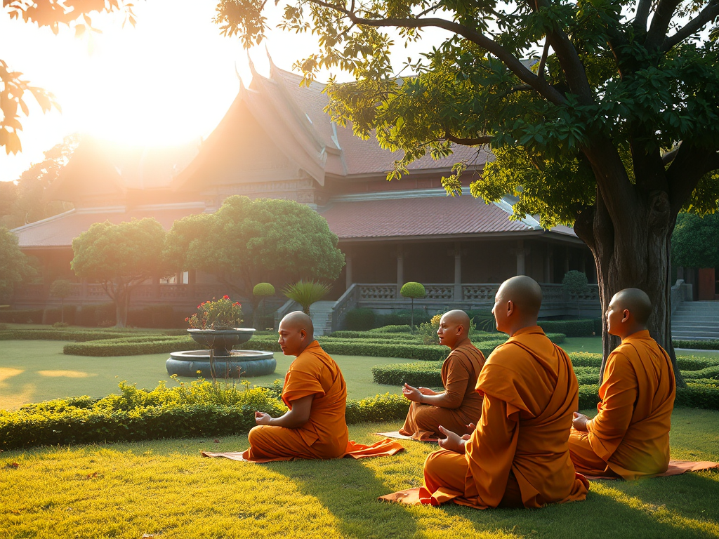 Các nhà sư mặc áo cà sa ngồi thiền trong khu vườn chùa thanh tịnh với ánh sáng vàng dịu nhẹ, kiến trúc chùa truyền thống Đông Nam Á tạo nên không gian tâm linh yên bình Các nhà sư mặc áo cà sa ngồi thiền trong khu vườn chùa thanh tịnh với ánh sáng vàng dịu nhẹ, kiến trúc chùa truyền thống Đông Nam Á tạo nên không gian tâm linh yên bình