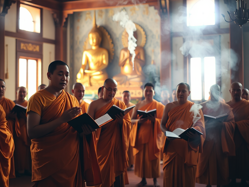 Các nhà sư mặc áo cà sa tụng kinh trong chùa, khói hương nghi ngút, tượng Phật vàng và ánh sáng tự nhiên tạo không gian thanh tịnh