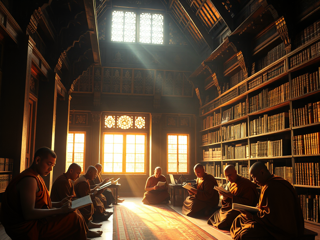 Các nhà sư Phật giáo nghiên cứu kinh điển trong thư viện chùa cổ kính với ánh sáng vàng rực rỡ và kiến trúc truyền thống Đông Nam Á Các nhà sư Phật giáo nghiên cứu kinh điển trong thư viện chùa cổ kính với ánh sáng vàng rực rỡ và kiến trúc truyền thống Đông Nam Á