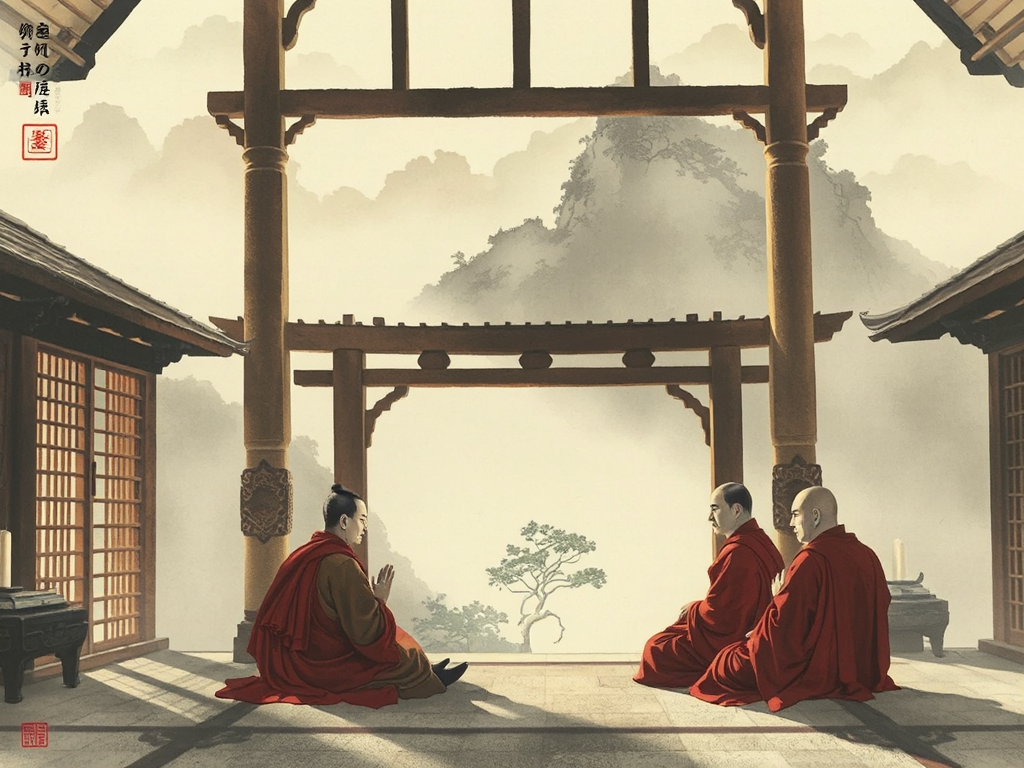 Các nhà sư Phật giáo ngồi thiền trong chùa núi yên tĩnh, ánh sáng buổi sáng dịu nhẹ xuyên qua khung cửa gỗ, phong cách tranh thủy mặc truyền thống Trung Hoa Các nhà sư Phật giáo ngồi thiền trong chùa núi yên tĩnh, ánh sáng buổi sáng dịu nhẹ xuyên qua khung cửa gỗ, phong cách tranh thủy mặc truyền thống Trung Hoa