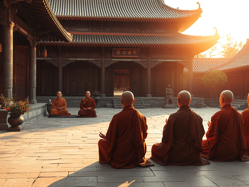 Các nhà sư Phật giáo ngồi thiền trong sân chùa cổ kính với ánh sáng vàng dịu nhẹ và kiến trúc truyền thống Trung Quốc