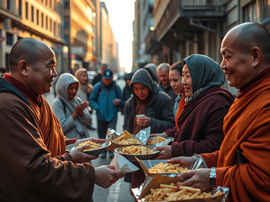 Các nhà sư Phật giáo phát thực phẩm từ thiện cho người vô gia cư trong thành phố, ánh sáng ấm áp, thể hiện lòng từ bi hỉ xả trong hoạt động từ thiện