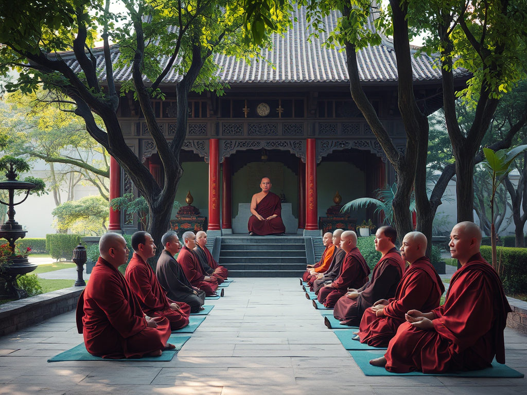 Các nhà sư thực hành thiền định tại chùa Bửu Long, bao quanh bởi cây xanh tươi tốt và kiến trúc truyền thống, ánh sáng tự nhiên dịu nhẹ chiếu qua tán lá
