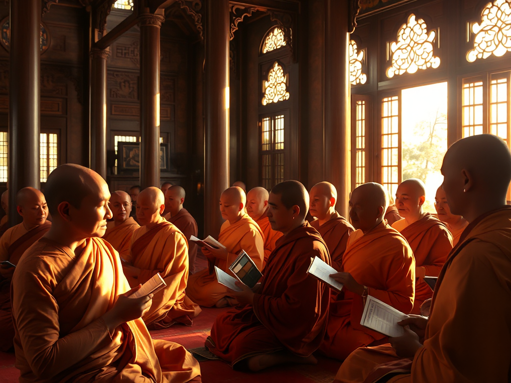 Các nhà sư tụng kinh Phật trong ngôi chùa truyền thống tại Bình Dương, ánh sáng vàng dịu nhẹ chiếu qua cửa sổ, kiến trúc gỗ cổ kính và trang trí tinh xảo