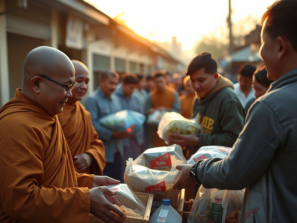 Các nhà sư và tình nguyện viên thực hiện hoạt động từ thiện tại Bình Dương, phát quà cho người dân, không khí tràn ngập lòng từ bi hỉ xả theo tinh thần kinh Phật