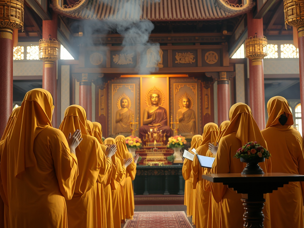 Các ni cô mặc áo vàng đang tụng kinh tại chùa, khói hương nghi ngút, kiến trúc chùa Việt Nam truyền thống, không gian thanh tịnh và trang nghiêm