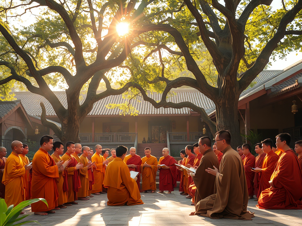 Các tăng ni và phật tử đang tụng kinh Đại Bảo Tích trong sân chùa yên tĩnh, ánh nắng vàng chiếu qua cây cổ thụ, kiến trúc chùa Việt Nam truyền thống Các tăng ni và phật tử đang tụng kinh Đại Bảo Tích trong sân chùa yên tĩnh, ánh nắng vàng chiếu qua cây cổ thụ, kiến trúc chùa Việt Nam truyền thống