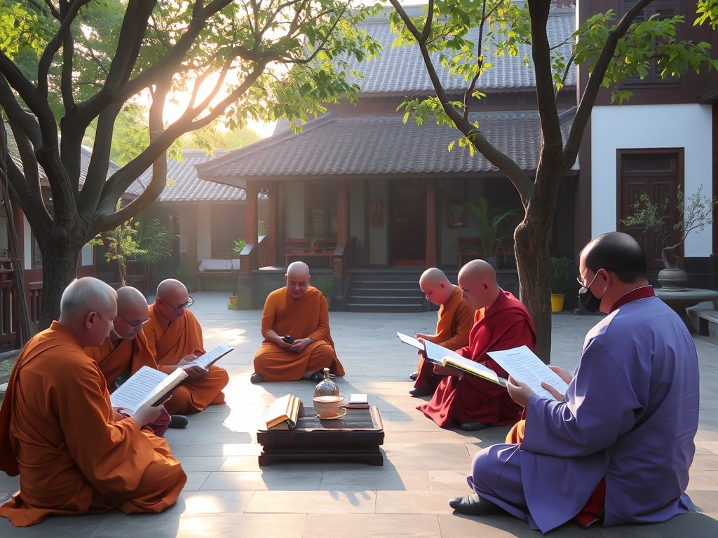 Các tăng ni và Phật tử nghiên cứu kinh điển Phật giáo trong sân chùa thanh tịnh, ánh sáng buổi sáng nhẹ nhàng xuyên qua tán cây, kiến trúc chùa Việt Nam truyền thống Các tăng ni và Phật tử nghiên cứu kinh điển Phật giáo trong sân chùa thanh tịnh, ánh sáng buổi sáng nhẹ nhàng xuyên qua tán cây, kiến trúc chùa Việt Nam truyền thống