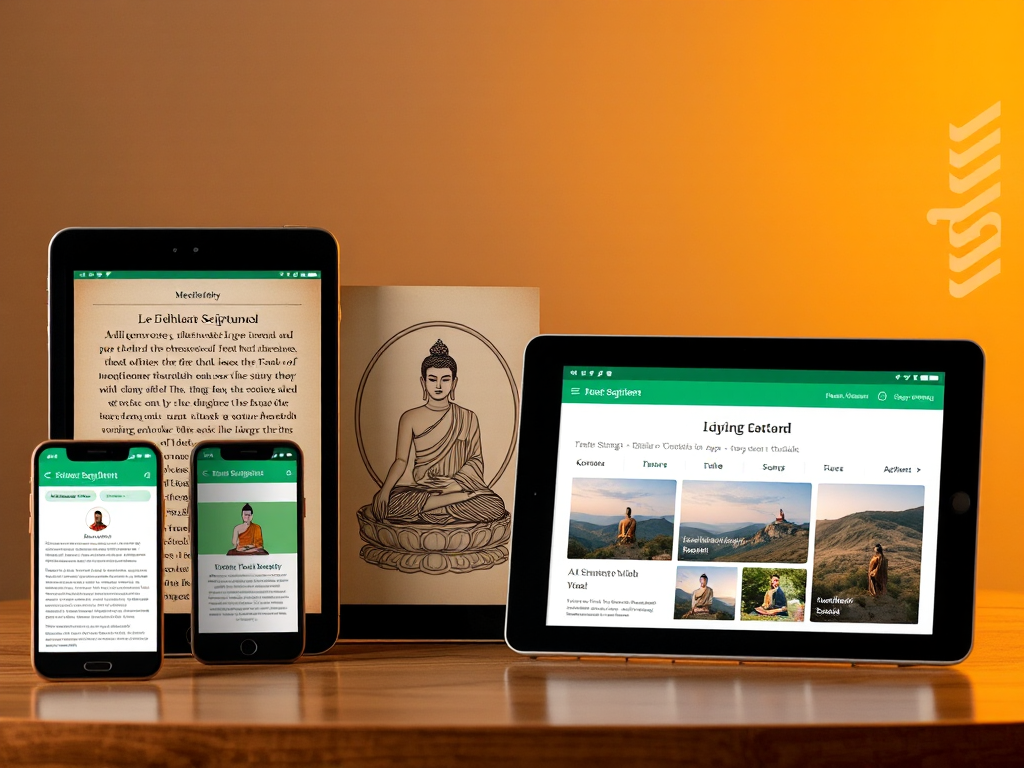 Các thiết bị kỹ thuật số hiển thị kinh điển Phật giáo và ứng dụng học tập, ánh sáng vàng ấm áp, thiết kế tối giản hiện đại Các thiết bị kỹ thuật số hiển thị kinh điển Phật giáo và ứng dụng học tập, ánh sáng vàng ấm áp, thiết kế tối giản hiện đại