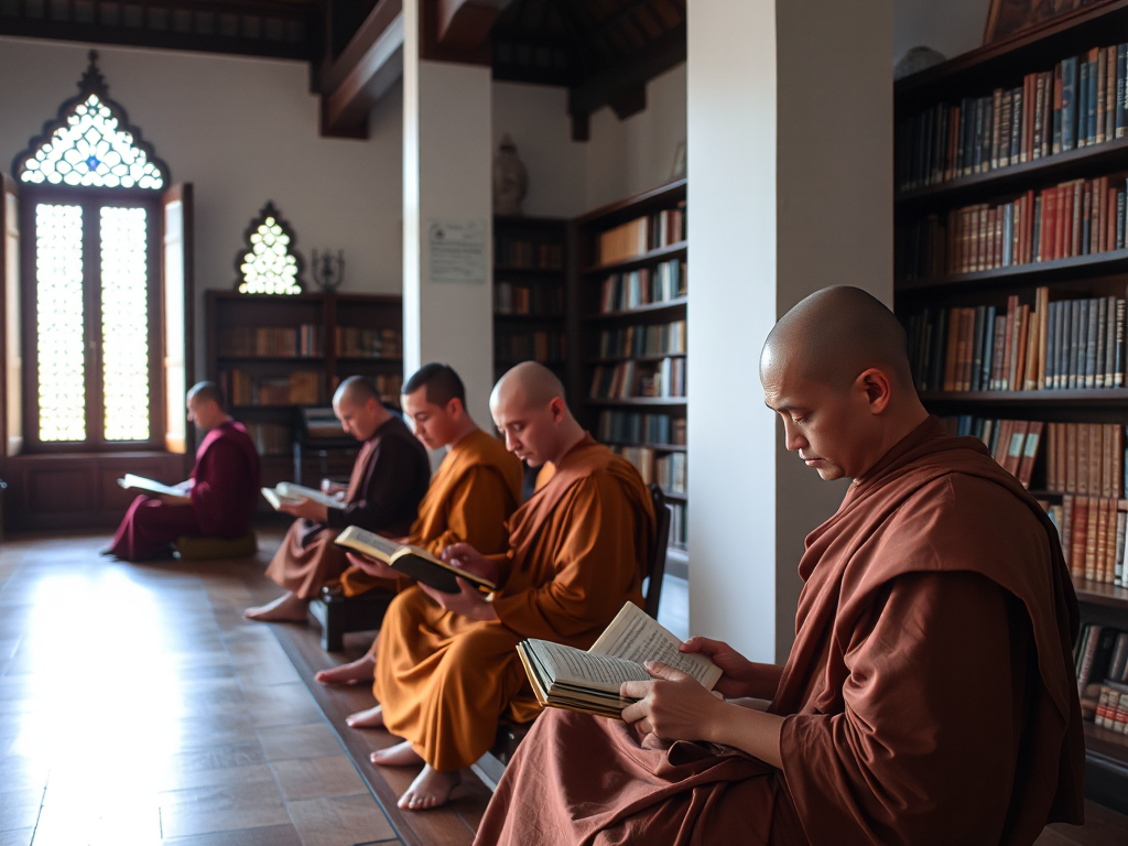 Các vị sư đang nghiên cứu kinh điển Phật giáo trong thư viện yên tĩnh với kiến trúc truyền thống Đông Nam Á và ánh sáng tự nhiên dịu nhẹ Các vị sư đang nghiên cứu kinh điển Phật giáo trong thư viện yên tĩnh với kiến trúc truyền thống Đông Nam Á và ánh sáng tự nhiên dịu nhẹ