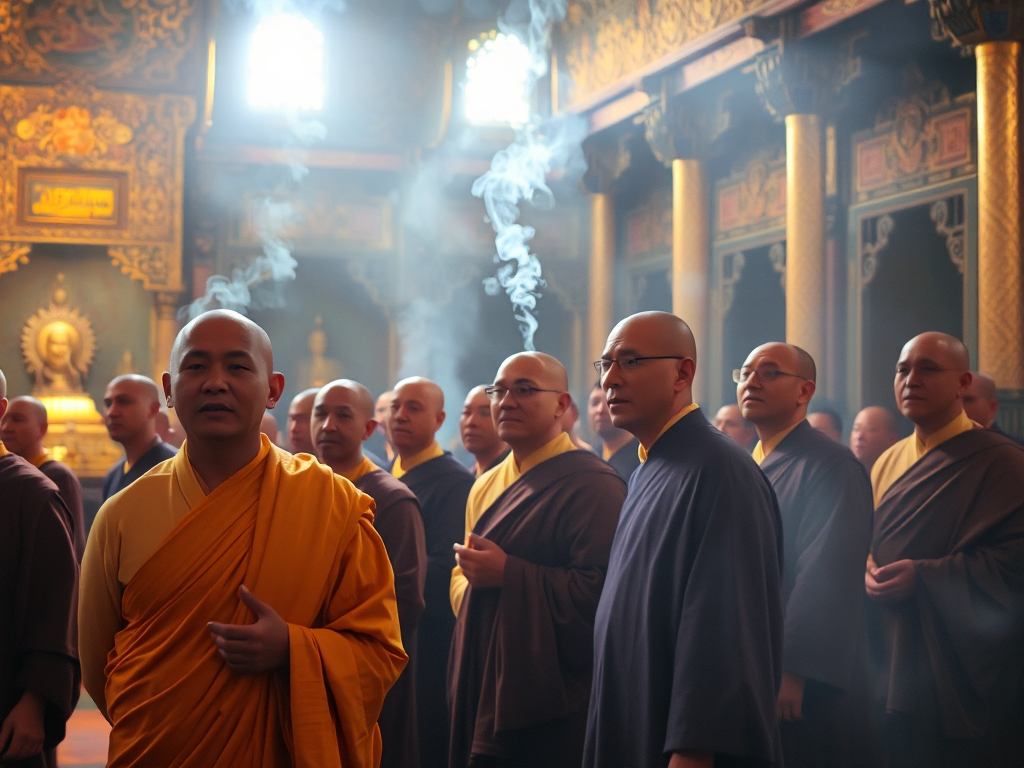 Các vị sư đang tụng kinh Lương Hoàng Sám trong chùa với ánh sáng vàng dịu, khói hương nghi ngút, tạo nên không gian thanh tịnh và trang nghiêm
