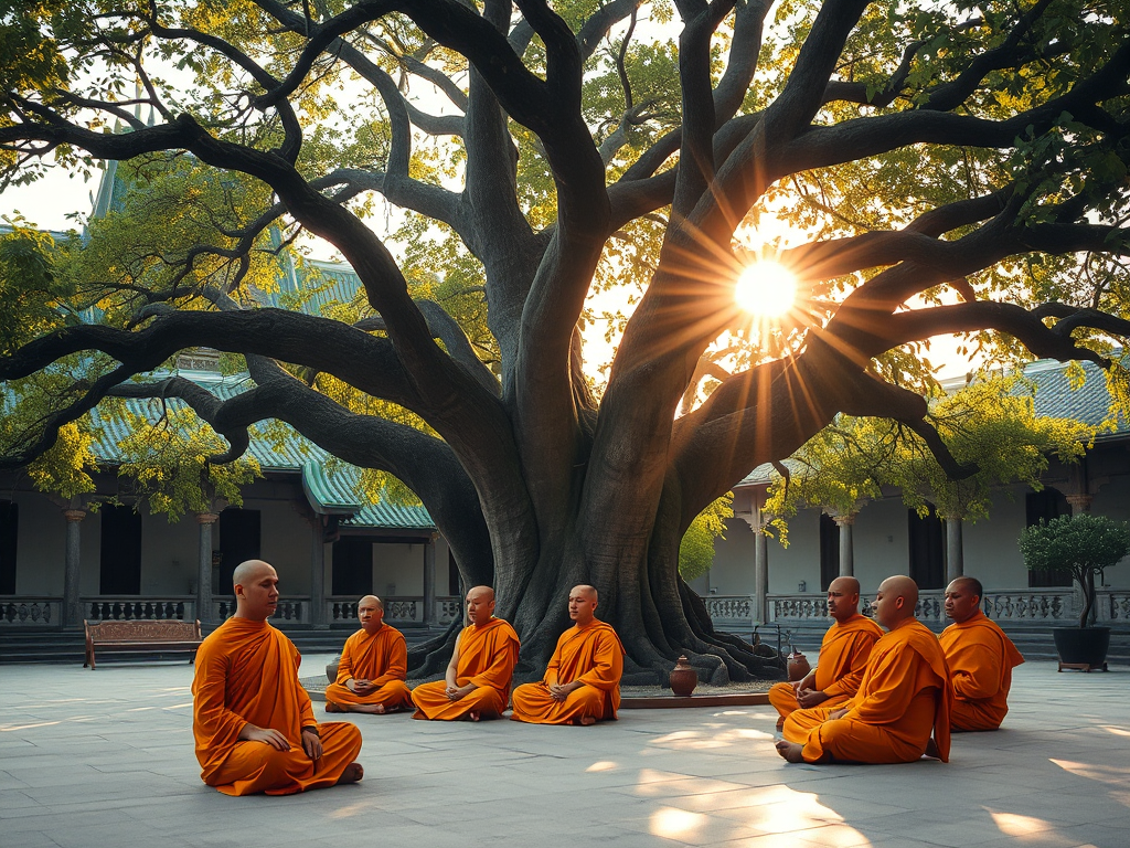 Các vị sư mặc áo cà sa đang thiền định dưới gốc cây Bồ Đề cổ thụ trong không gian thanh tịnh của chùa, tượng trưng cho tinh thần Đại thừa