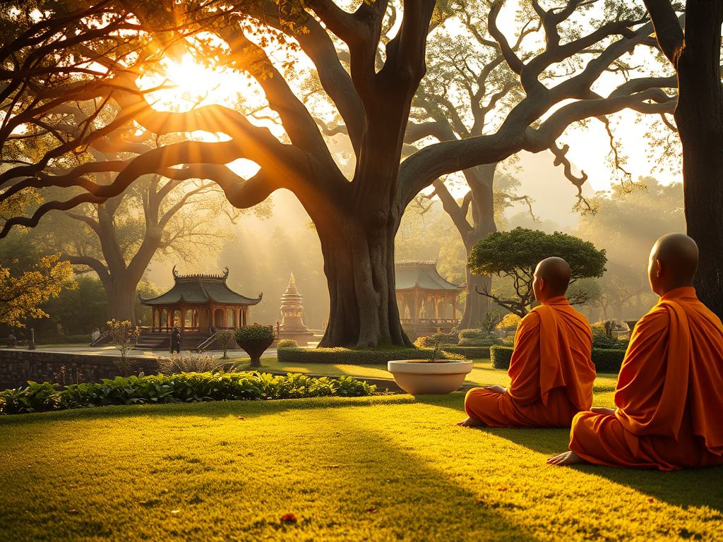 Các vị sư Phật giáo mặc áo cà sa ngồi thiền định thanh tịnh trong khuôn viên chùa thanh tịnh, ánh sáng vàng dịu nhẹ xuyên qua tán cây cổ thụ, tạo nên không gian tâm linh của từ bi hỉ xả