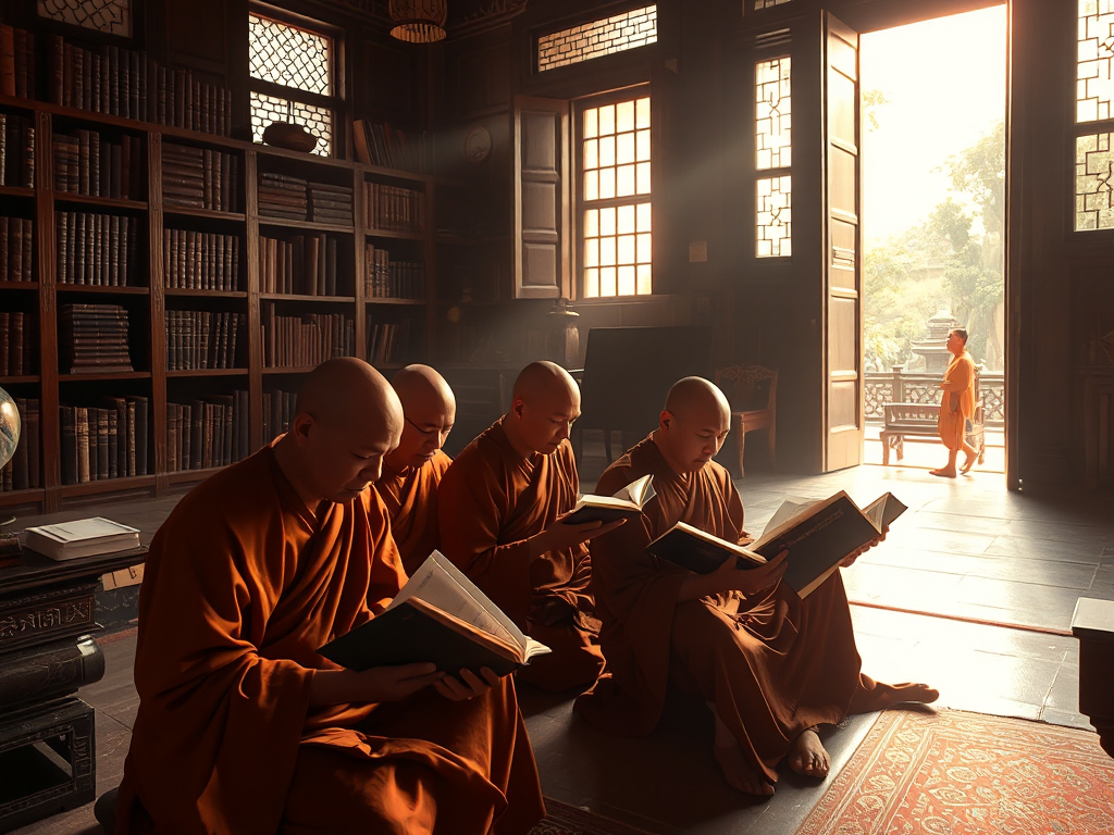 Các vị sư thầy đang đọc kinh sách cổ trong thư viện chùa yên tĩnh, ánh sáng vàng dịu nhẹ chiếu qua cửa sổ, kiến trúc chùa Việt Nam truyền thống Các vị sư thầy đang đọc kinh sách cổ trong thư viện chùa yên tĩnh, ánh sáng vàng dịu nhẹ chiếu qua cửa sổ, kiến trúc chùa Việt Nam truyền thống