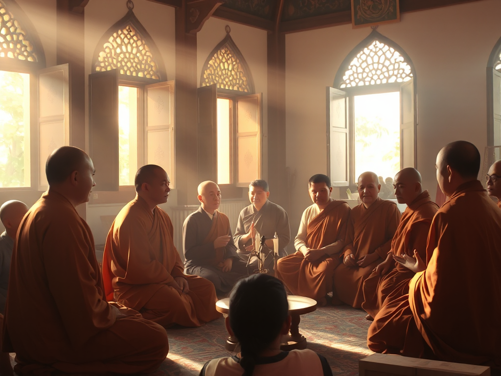 Các vị sư thầy đang giảng dạy kinh Di Giáo cho phật tử trong chùa ở Bình Dương, không gian thanh tịnh với ánh sáng tự nhiên, kiến trúc chùa Việt truyền thống.