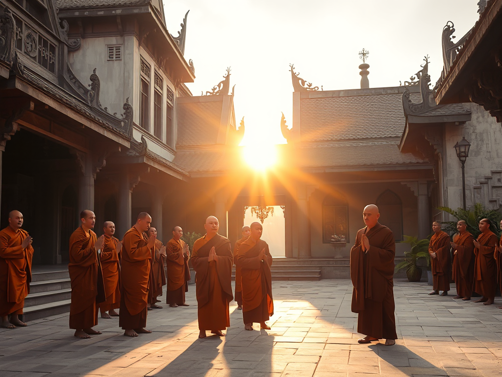 Các vị sư thầy mặc áo cà sa truyền thống đang thực hiện nghi thức cầu kinh tại sân chùa cổ kính, ánh sáng vàng rực rỡ xuyên qua kiến trúc chùa Việt Nam, không gian tâm linh thanh tịnh. Các vị sư thầy mặc áo cà sa truyền thống đang thực hiện nghi thức cầu kinh tại sân chùa cổ kính, ánh sáng vàng rực rỡ xuyên qua kiến trúc chùa Việt Nam, không gian tâm linh thanh tịnh.