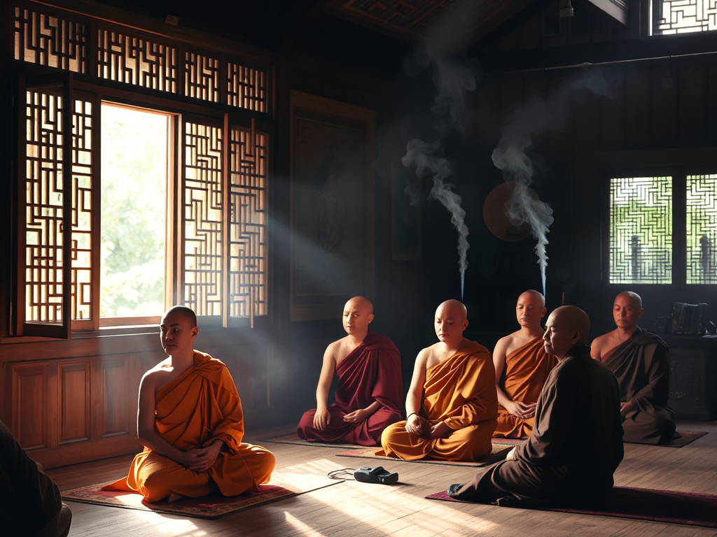 Các vị sư thiền tịnh trong thiền viện truyền thống Việt Nam, ánh sáng tự nhiên nhẹ nhàng qua cửa sổ gỗ, khói hương bay lượn tạo không gian thanh tịnh.